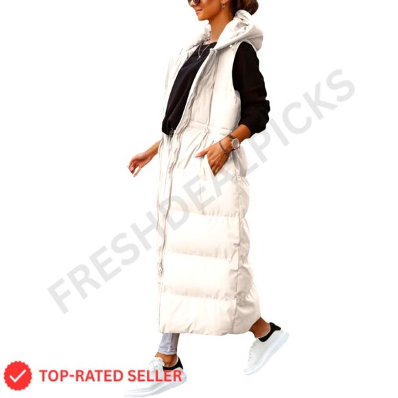 Long Quilted Puffer Vest Hooded Sleeveless Winter Outerwear Women's Maxi Length